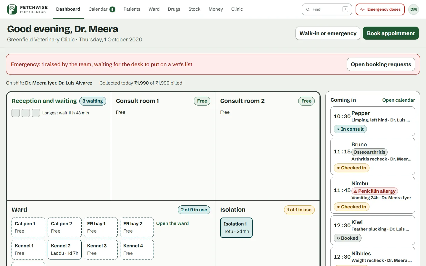 The FetchWise Clinic dashboard: rooms, ward, reminders and the day's visits